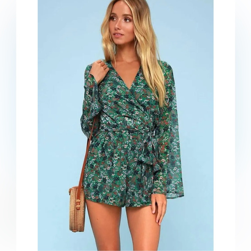 REVOLVE Viridian Green Floral Long Sleeve Wrap Romper Beach Coverup